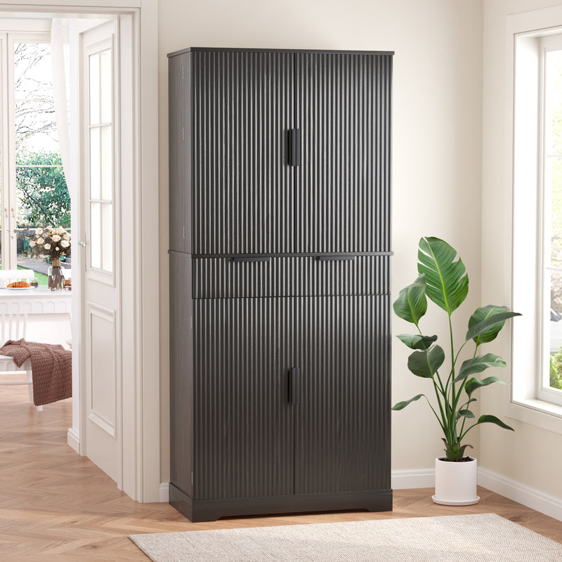 72-Inch Black Pantry Cabinet with 3 Drawers & 6 Shelves