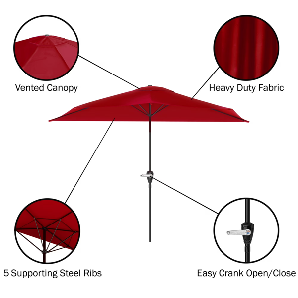 9ft Half Patio Umbrella for Balcony Porch Deck Sun Shade Red