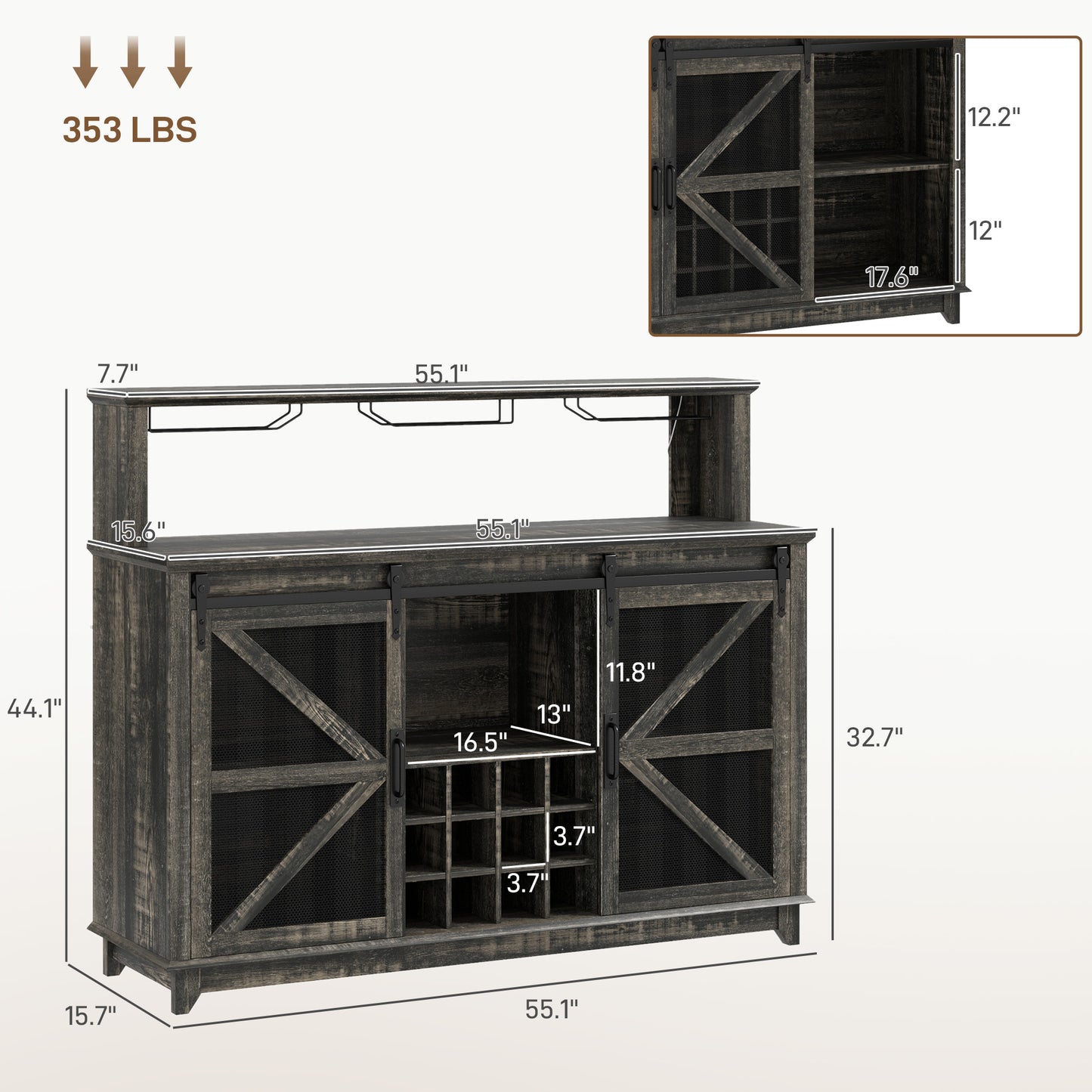 55" Distressed Brown Coffee Bar Cabinet with LED Lights