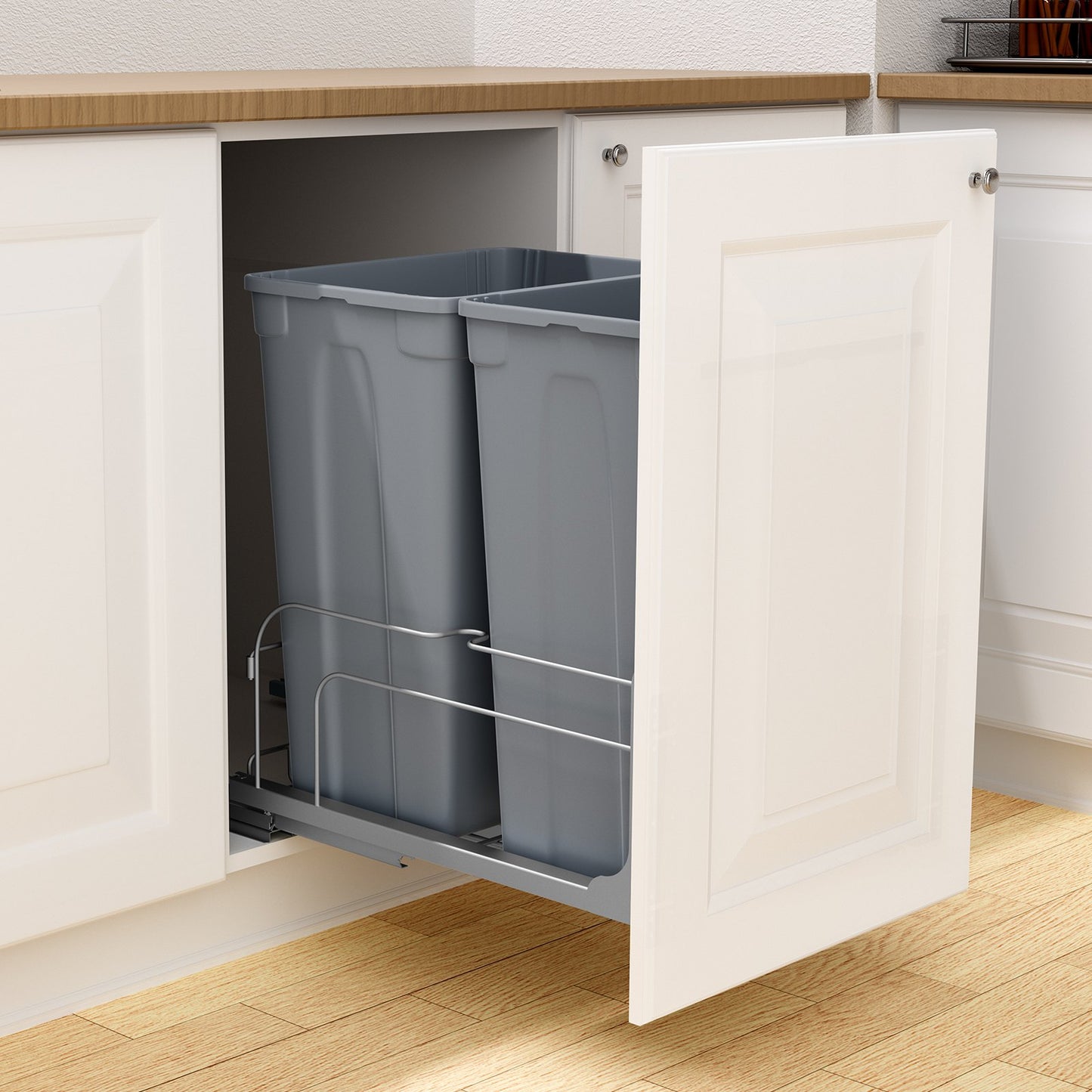 Pull-Out Kitchen Trash Can with Soft Close - 50QT Dual Bin, Grey
