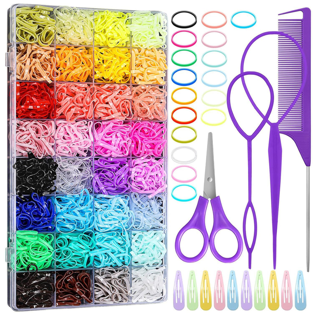 Colorful Hair Elastics Set with Styling Tools for Kids & Teens - 2000 Pcs