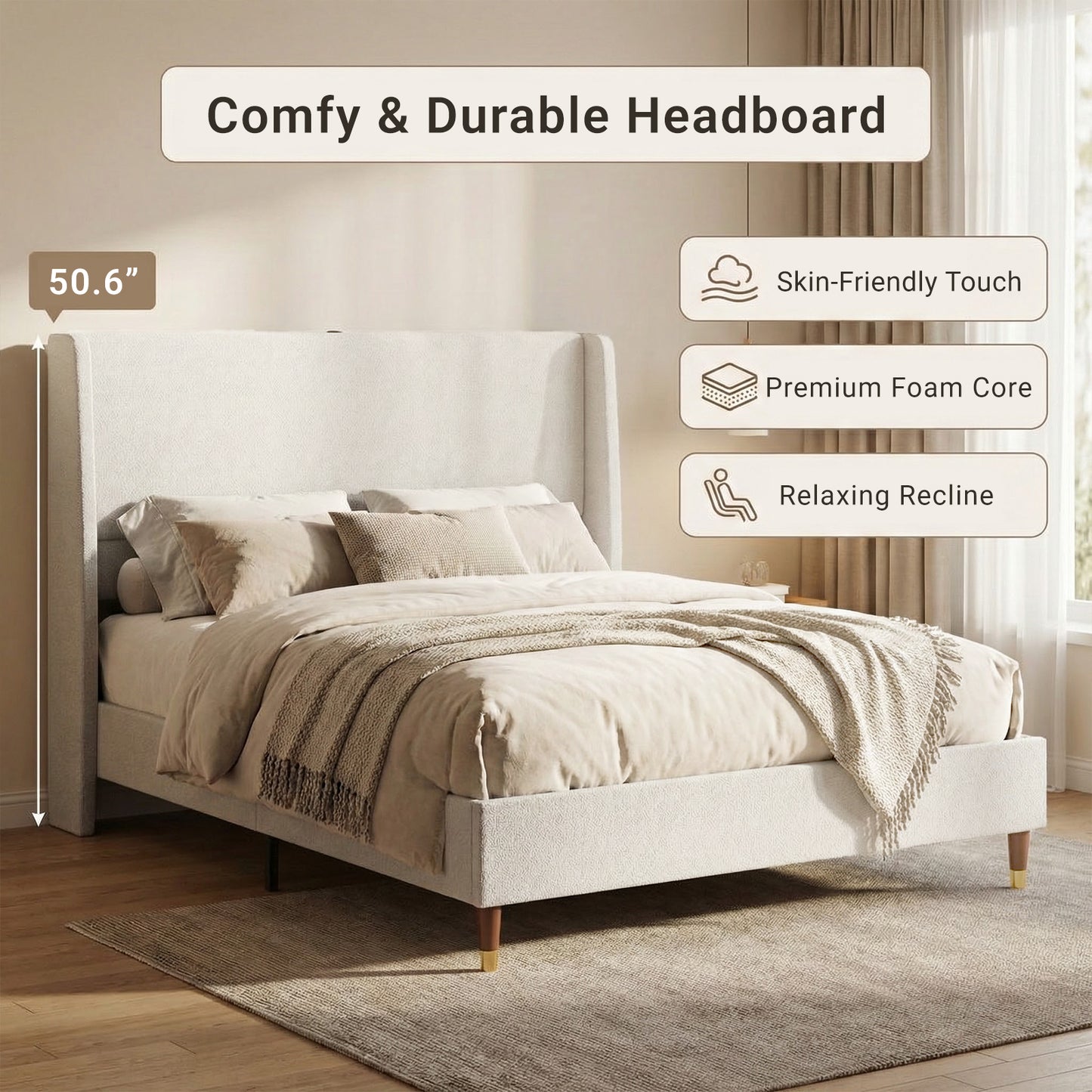 Queen Size Upholstered Bed Frame with USB Ports - Grey