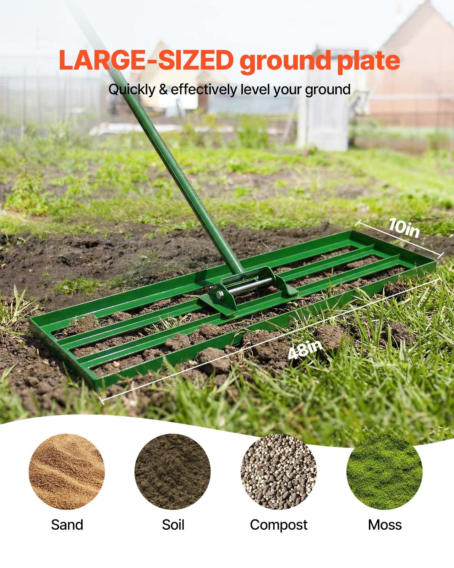 Heavy-Duty Lawn Leveling Rake with 48x10 Inch Steel Ground Plate and 78-Inch Handle