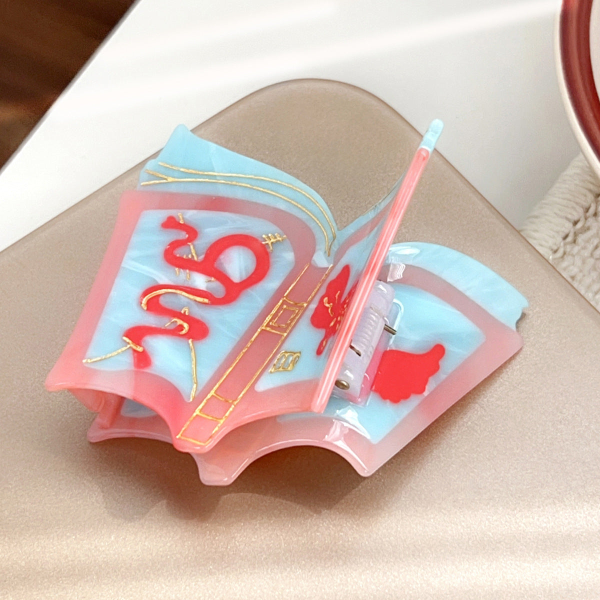 Book Design Hair Pin - Pink and Green