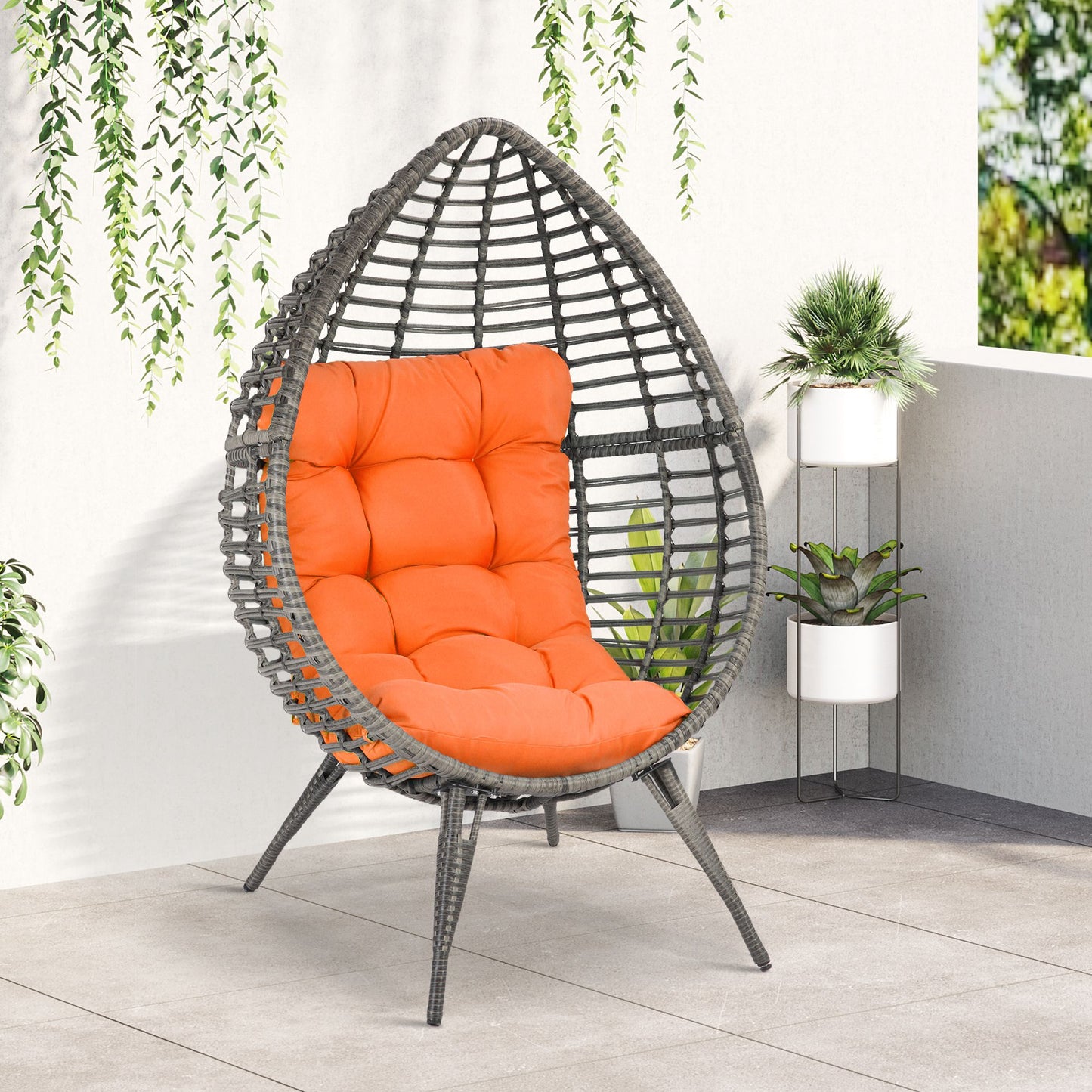Wicker Egg Chair with Cushion - Teardrop Outdoor/Indoor Seat - Orange