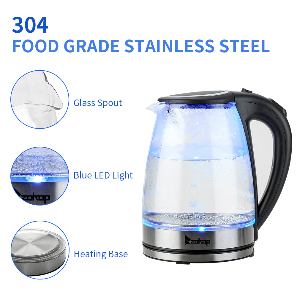1.8L Electric Glass Kettle with Blue LED, Auto Shut-Off, 1500W
