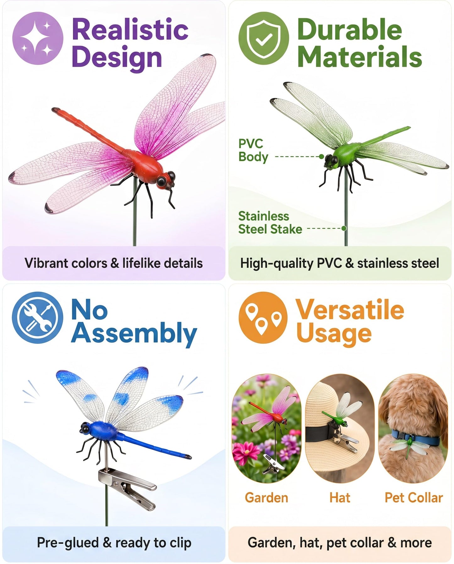 4 Pack Dragonfly Decoys for Bug Prevention - Realistic Insect Deterrent Clips for Garden & Horse Protection