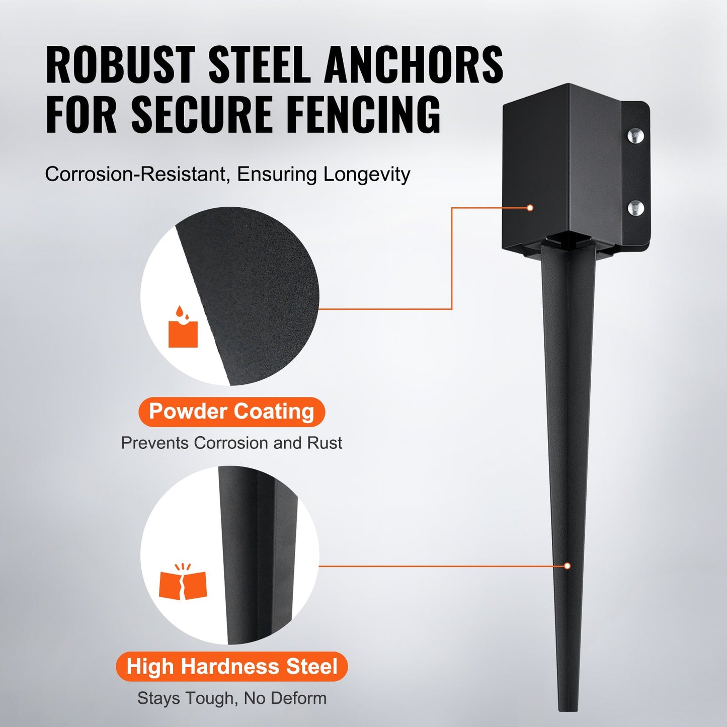 Ground Spike Fence Post Anchor for 3.5 Inch Square Posts - Black, 8 Pack