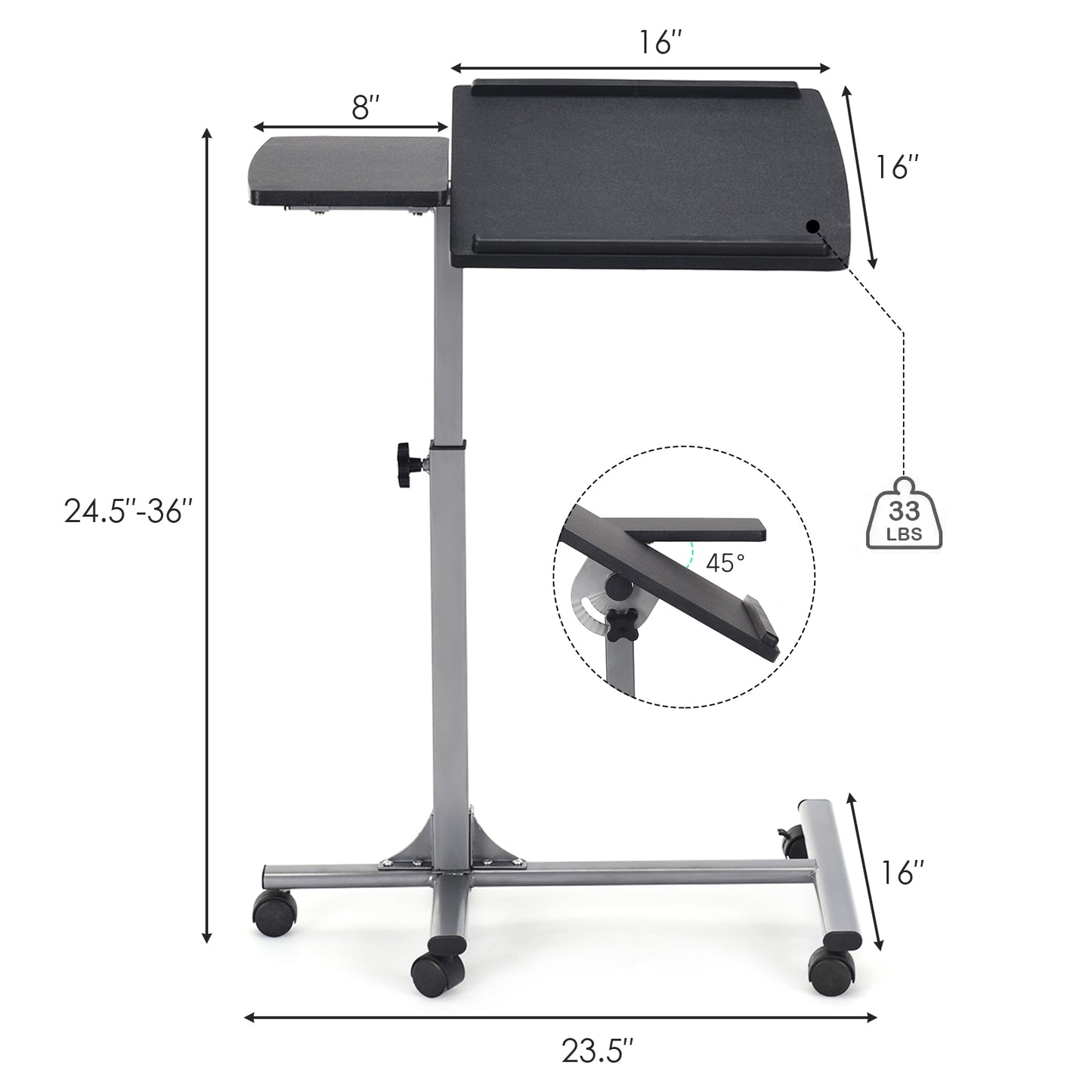 Adjustable Rolling Laptop Table with Lockable Wheels - Black