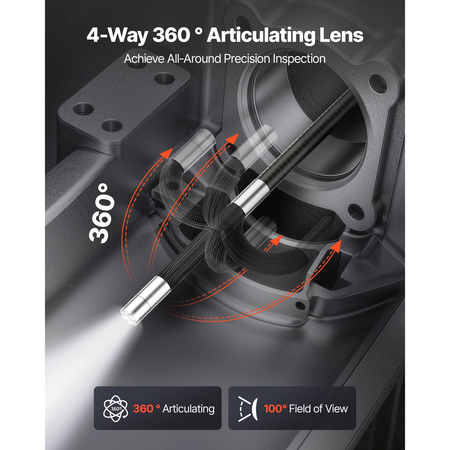 Articulating Endoscope with Light - 4-Way 360 Borescope Camera, 1920x1080, 6-Inch HD Screen, Waterproof Inspection Tool