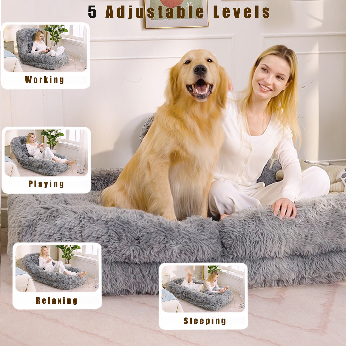 5-Position Adjustable Human Dog Bed & Lazy Sofa - Light Gray
