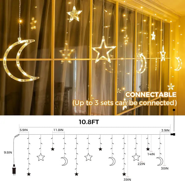 Solar Icicle Lights - Waterproof Moons Stars Curtain String with Remote