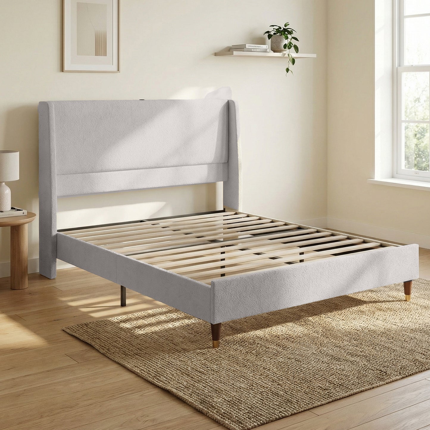 Queen Size Upholstered Bed Frame with USB Ports - Grey