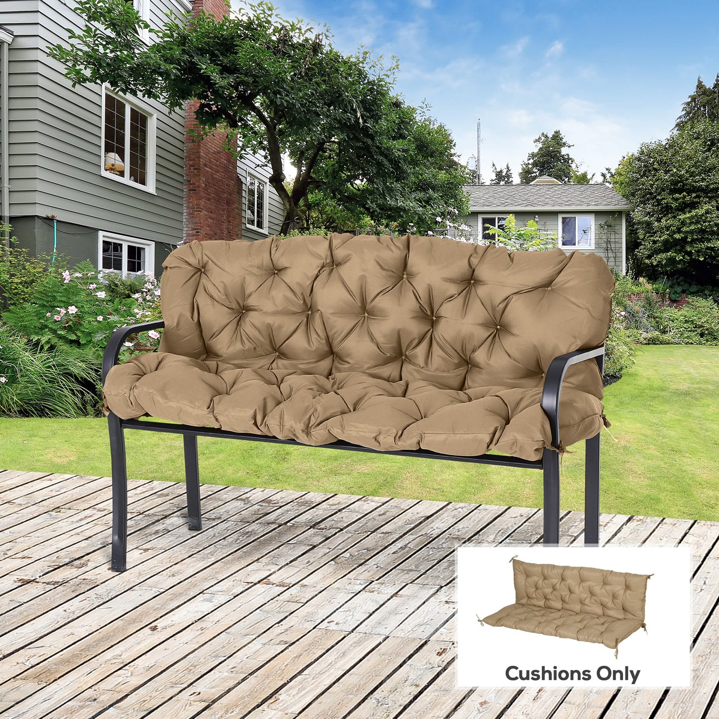 59" x 38" Tufted Outdoor Bench Cushion for 3-Seater Furniture - Khaki