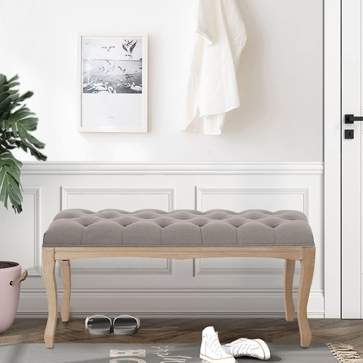 French Vintage Upholstered Bench - Grey Linen, 43.3"