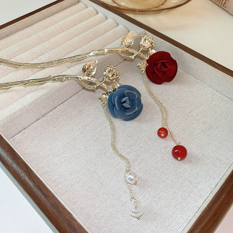 Flocking Rose Flower Hairpin with Pearl Tassel