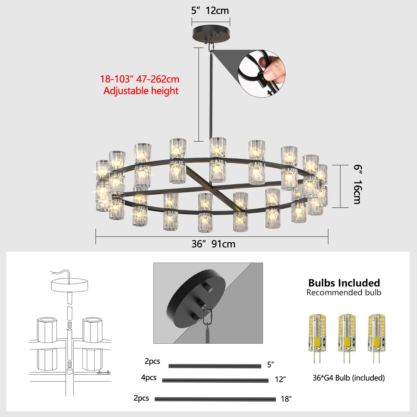 36-Inch Crystal Chandelier - Modern LED Decorative Lighting