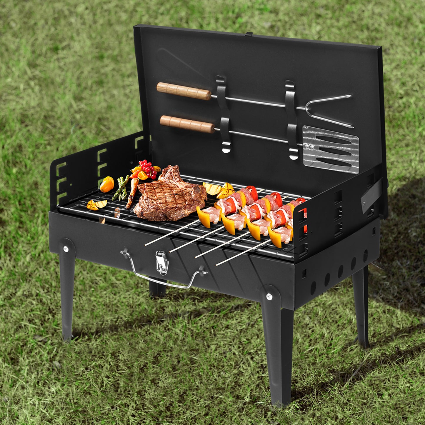 Portable Square Charcoal Grill with Adjustable Height - Black