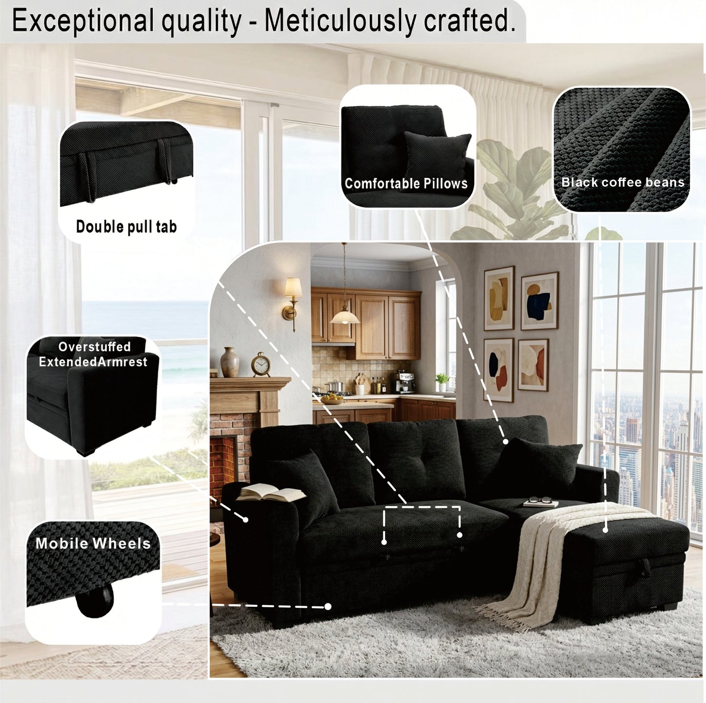 Sleeper Sofa Sectional with Pull-Out Bed & Reversible Chaise - Black
