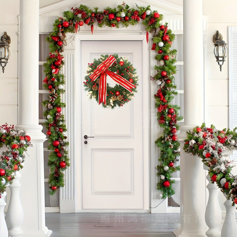 Christmas Artificial Flower Wreath with Striped Bow - 45cm Holiday Decor