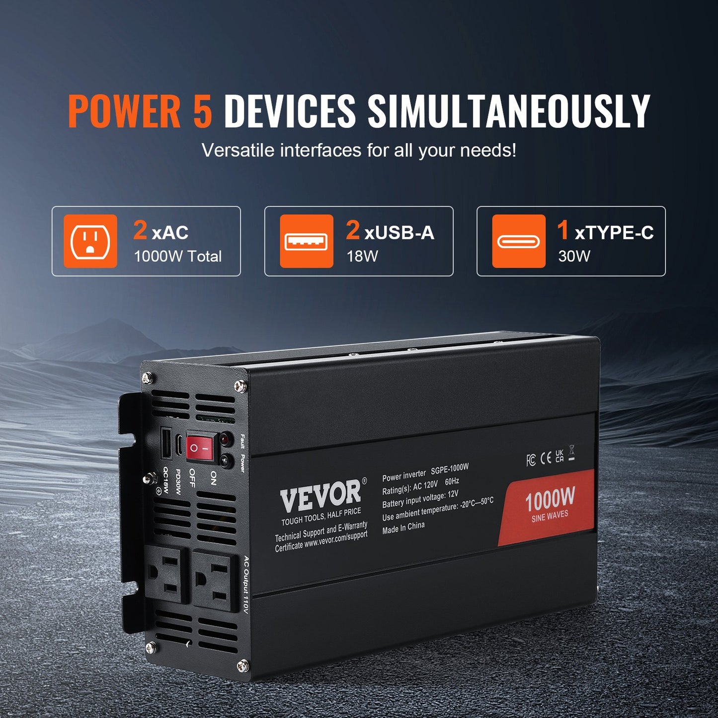 1000W Pure Sine Wave Power Inverter DC 12V to AC 120V with 2 Outlets & USB Type-C