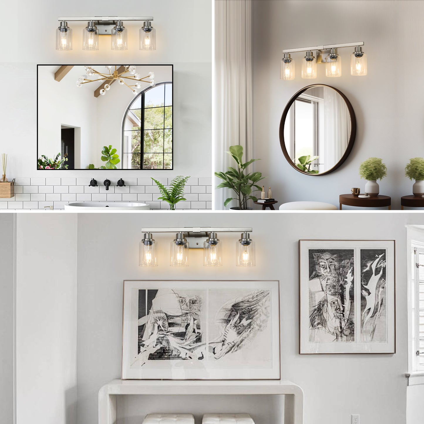 Modern 4-Light Bathroom Vanity Light Fixture - Brushed Nickel with Glass Shades