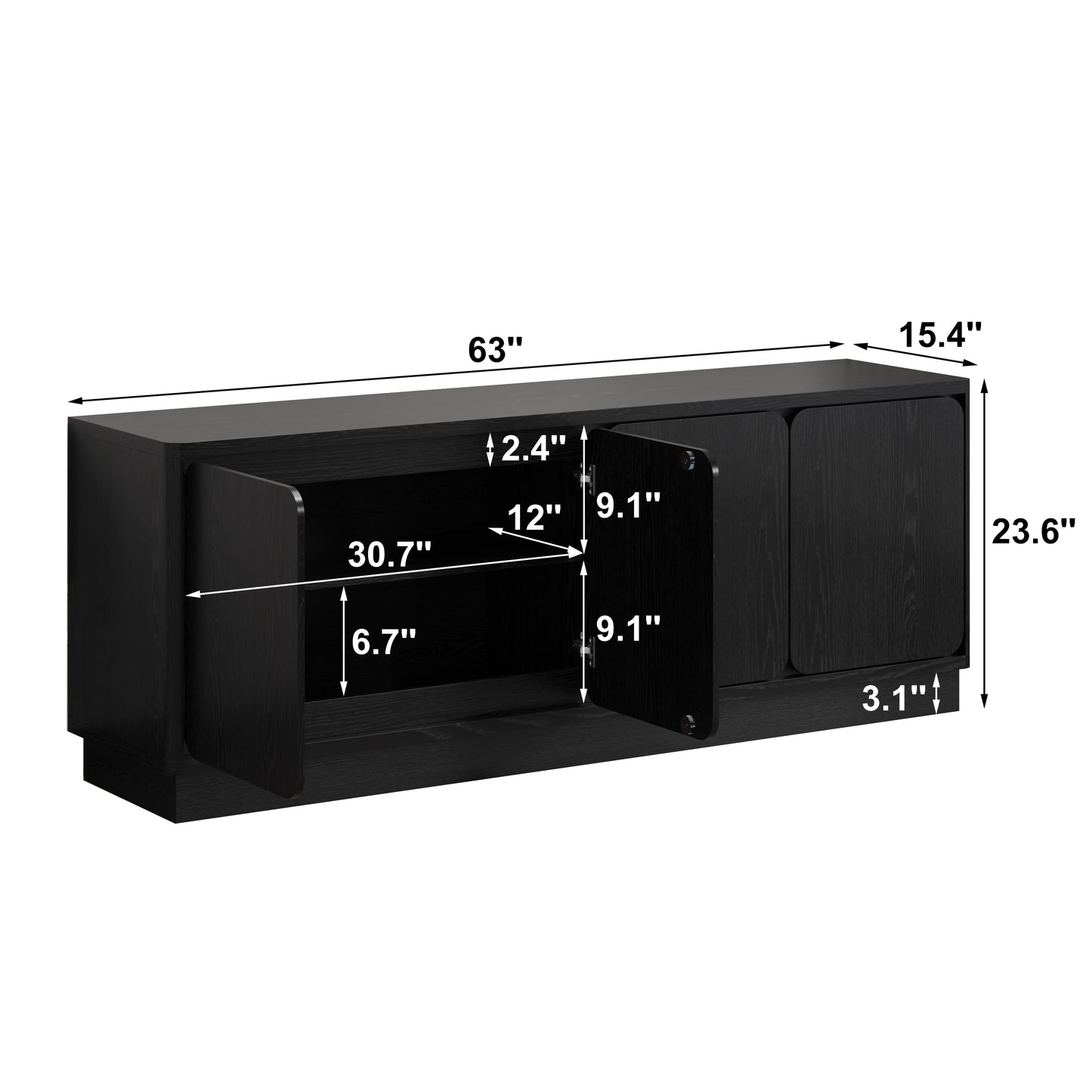 63 Inch Black TV Stand with 4 Storage Doors - Modern Media Console