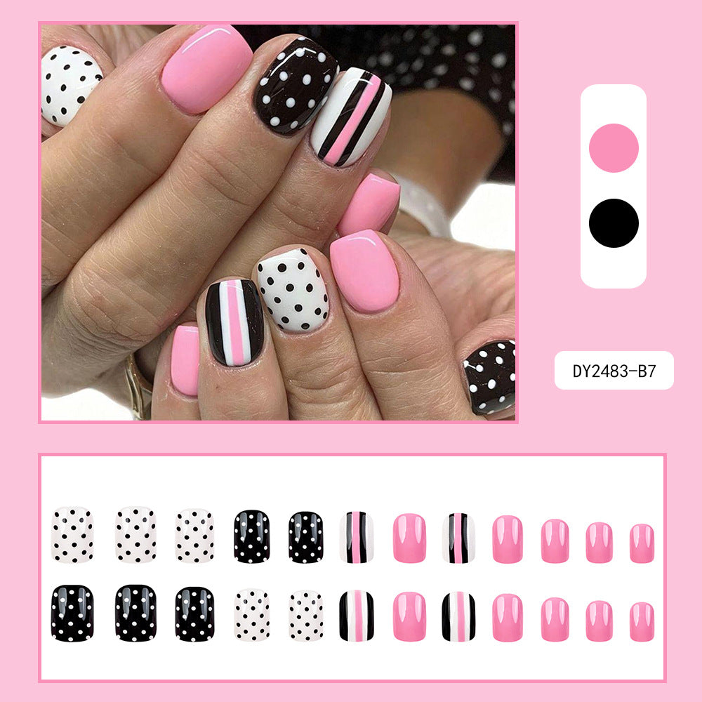 24 Pcs Pink Short Square Nail Stickers with Black Dots & Stripes Nail Art Kit