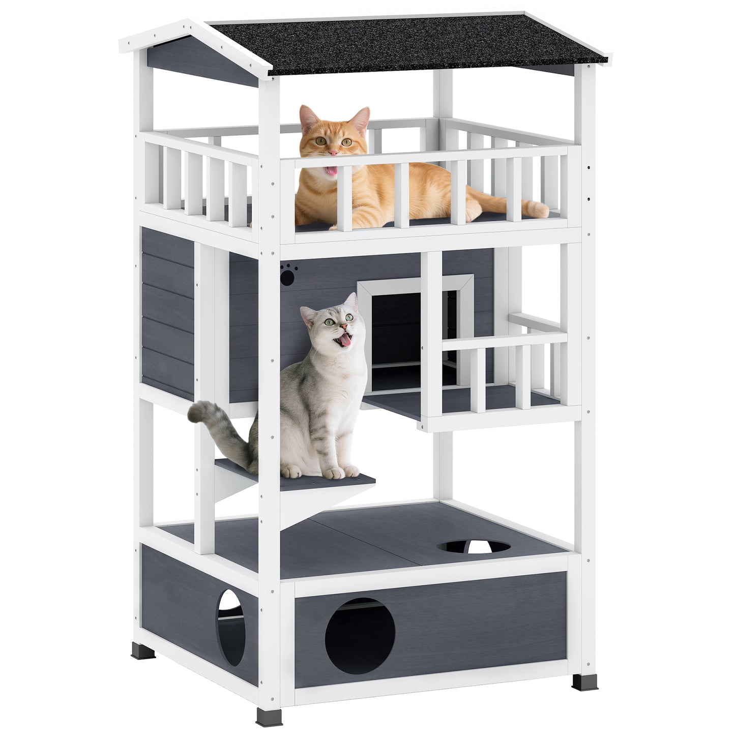 Outdoor Cat House with Asphalt Roof, Escape Doors & Jumping Platform - Gray