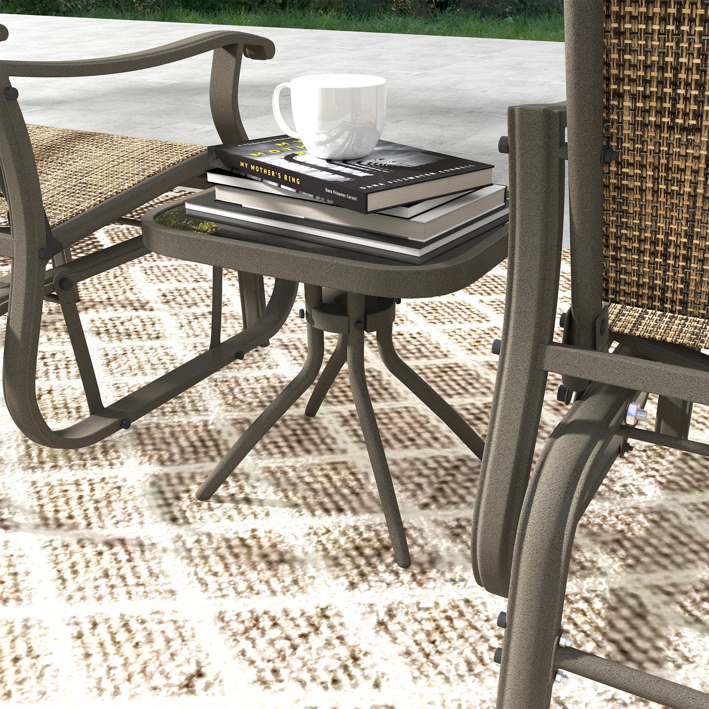 3-Piece Outdoor Glider Set with Steel Frame & Glass Table - Brown