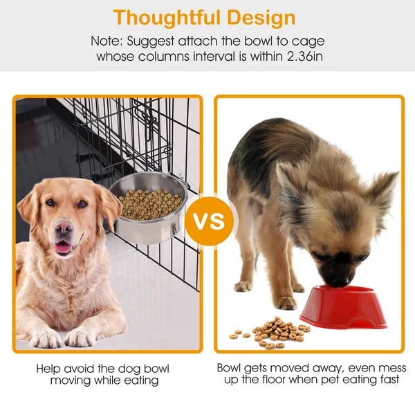 Stainless Steel Hanging Pet Food & Water Bowl with Clamp Holder - Medium