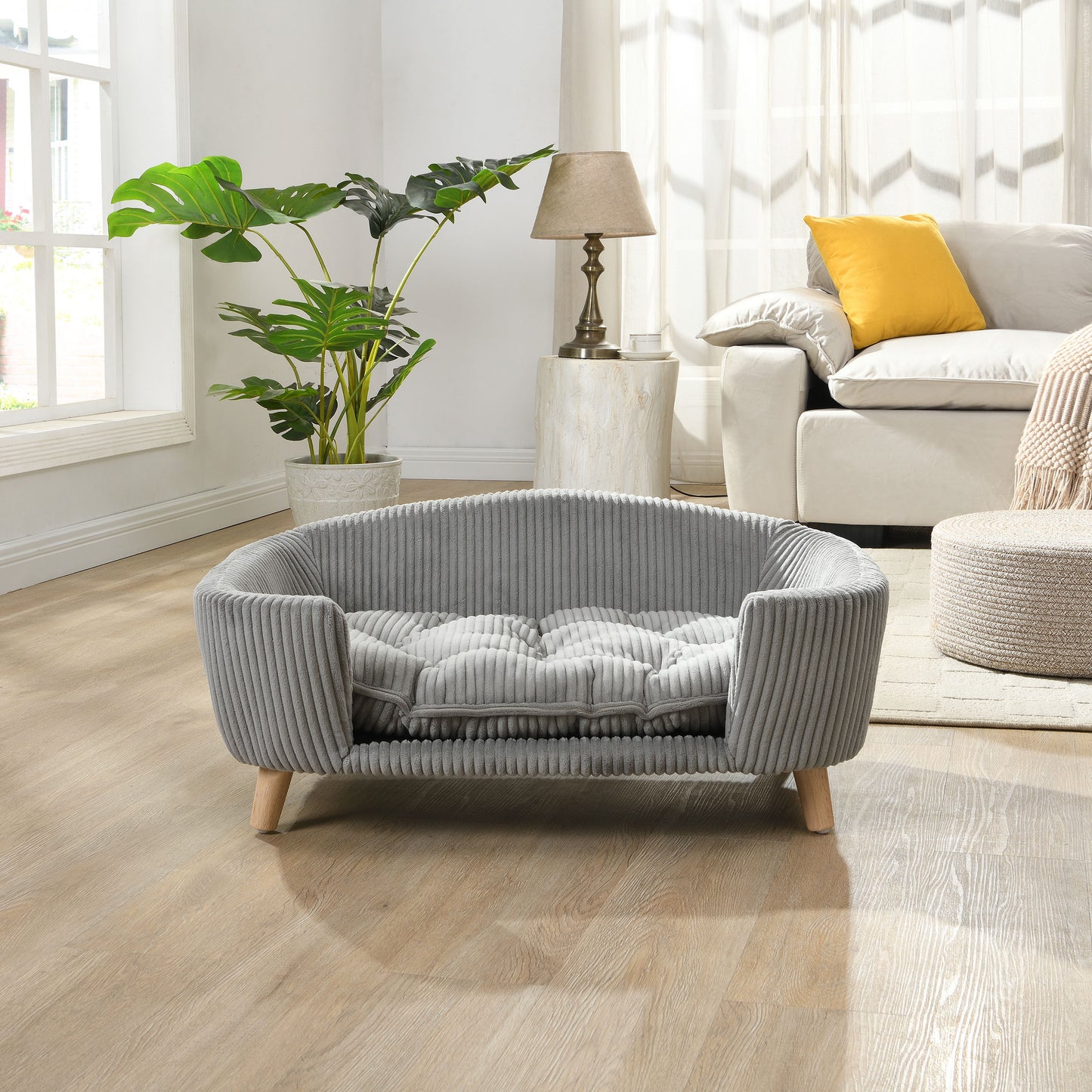 Small Dog Elevated Bed Frame with Corduroy Cushion & Rubber Wood Legs - Grey