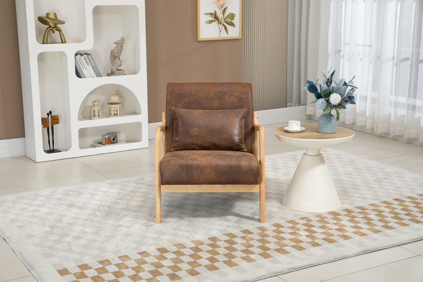 Mid Century Modern Accent Chair - Upholstered Wood Frame, Antique Brown