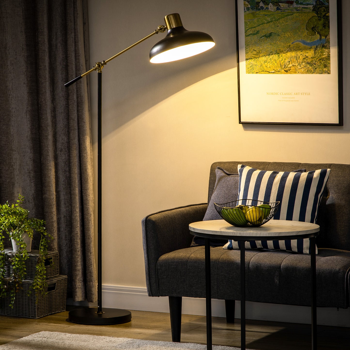 Tall Adjustable Floor Lamp with Balance Arm - Black and Gold Standing Lighting for Living Room & Bedroom