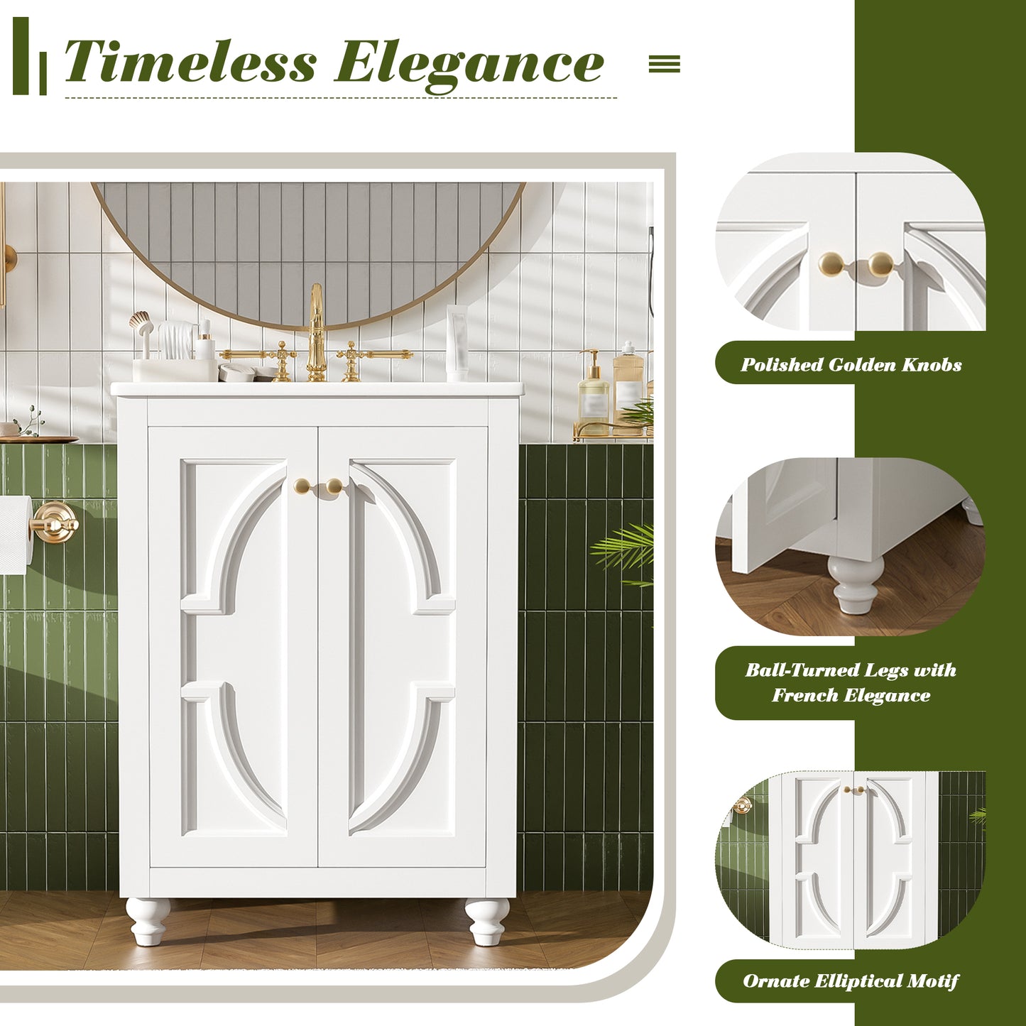 Modern 24" Bathroom Vanity with Ornate Design & Soft-Close Hinges - White