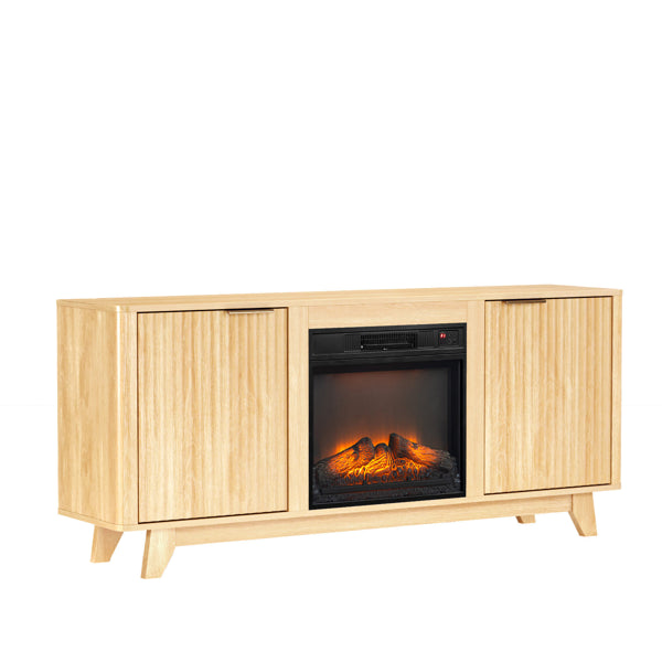 Oak Fireplace TV Stand with 18-Inch Insert and Double Grid Doors