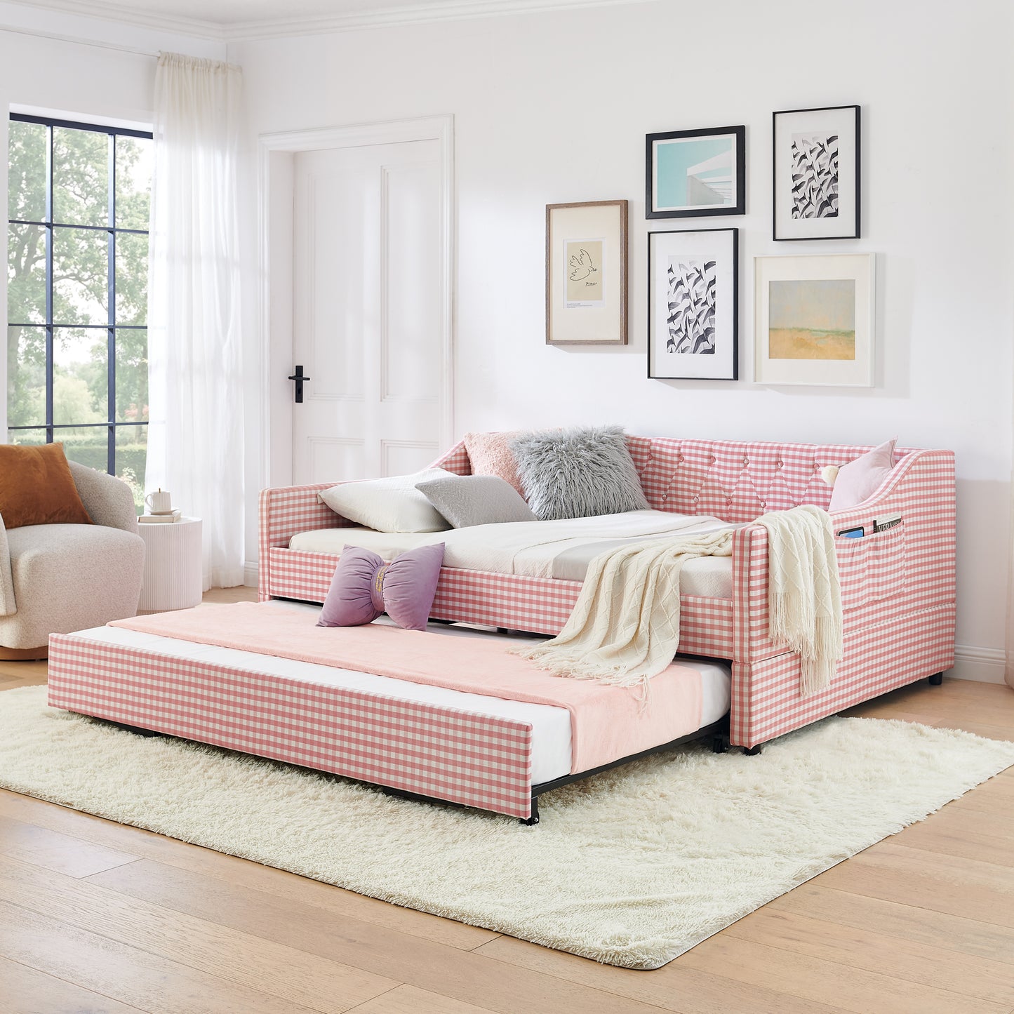 Full-Size Upholstered Convertible Daybed with Trundle & Storage - Pink