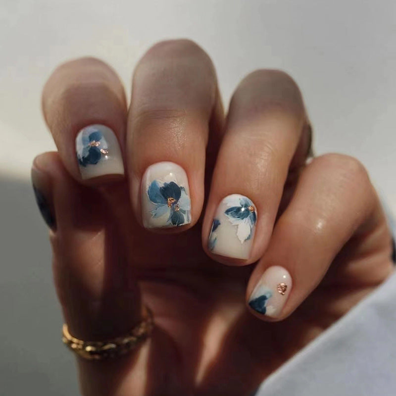Blue Ombre Nail Art Kit with Adhesive Flowers for Women - Vintage Style