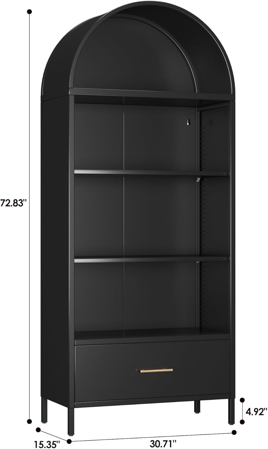 Metal Arched Bookshelf Cabinet with Drawer - Black Kitchen Storage