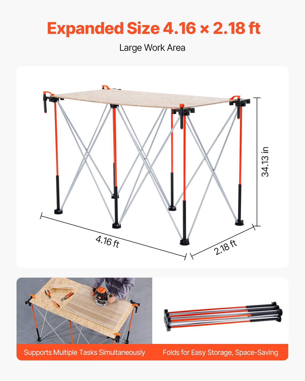 Portable Folding Workstand 4.16x2.18ft Heavy-Duty Work Bench with 2500lbs Capacity - Orange