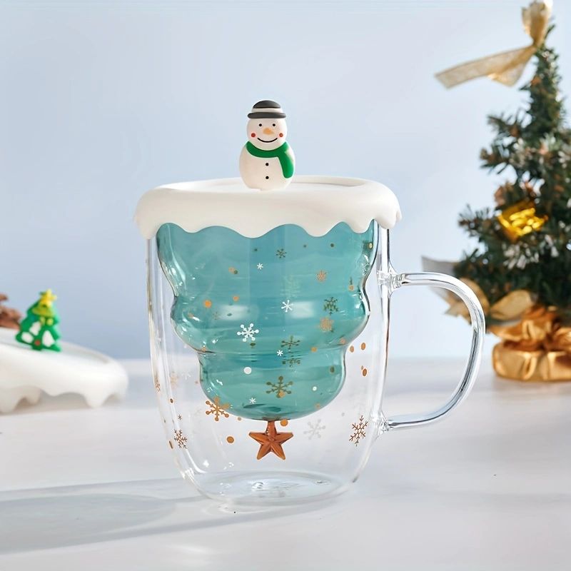 Christmas Tree Mug Double Walled Borosilicate Glass Cup with Handle - Holiday Drinkware