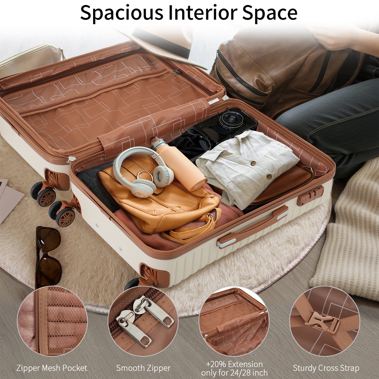 4 Piece Cream Luggage Set - Lightweight Expandable Suitcases