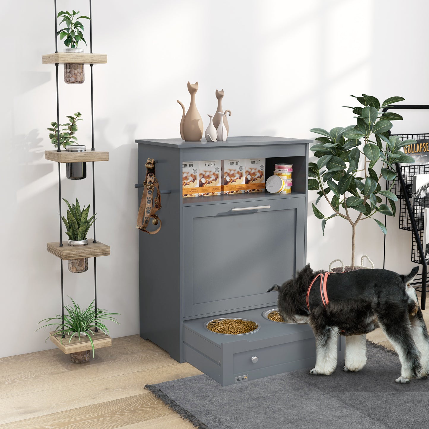 Pet Feeder Station with Storage Cabinet and Raised Bowls - Gray