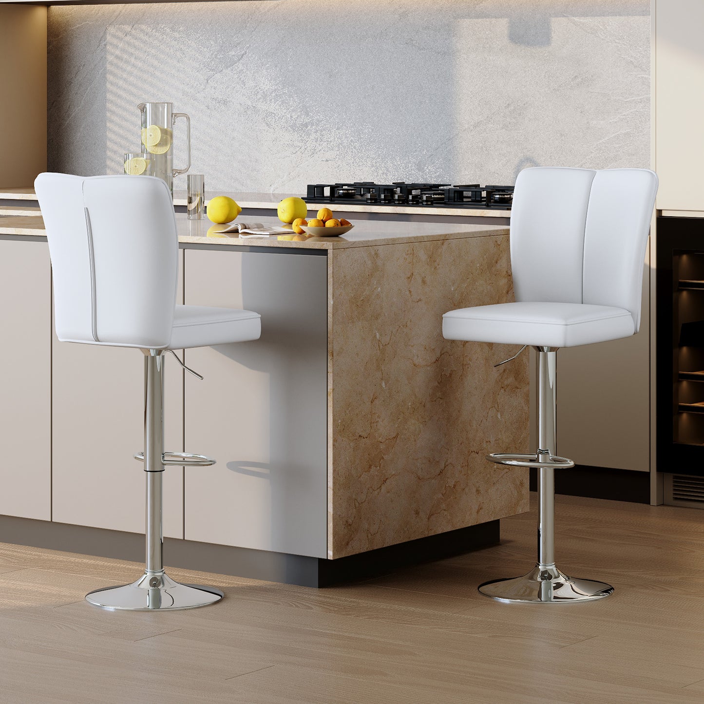 Modern White PU Bar Stool Set - 2-Piece, Featuring Vertical And
