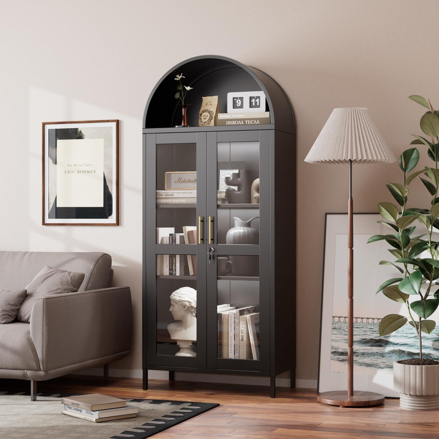 Black Metal Arched Bookcase Cabinet with LED Lights