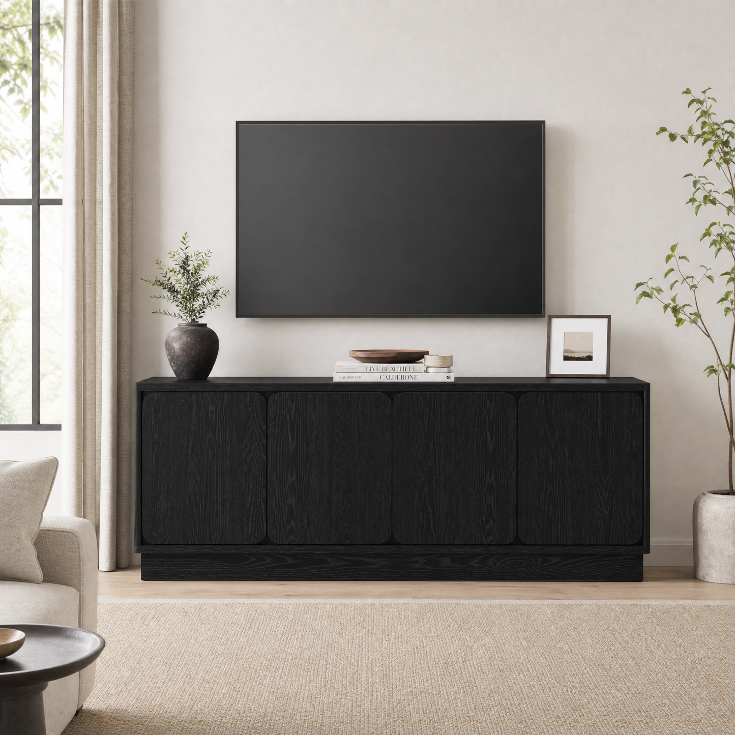 63 Inch Black TV Stand with 4 Storage Doors - Modern Media Console