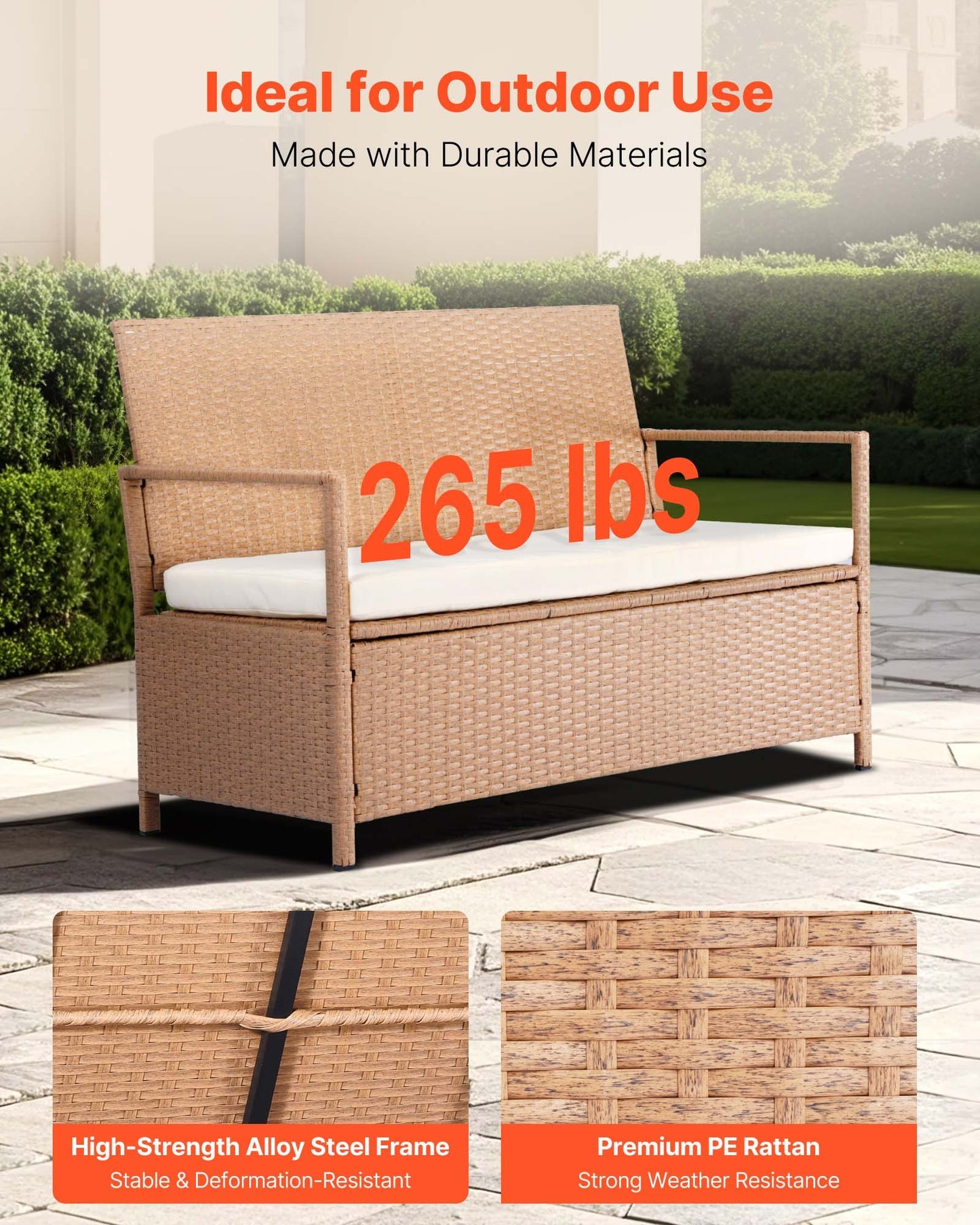 Outdoor Storage Bench with Cushion 70 Gal Waterproof Rattan Deck Box - Brown