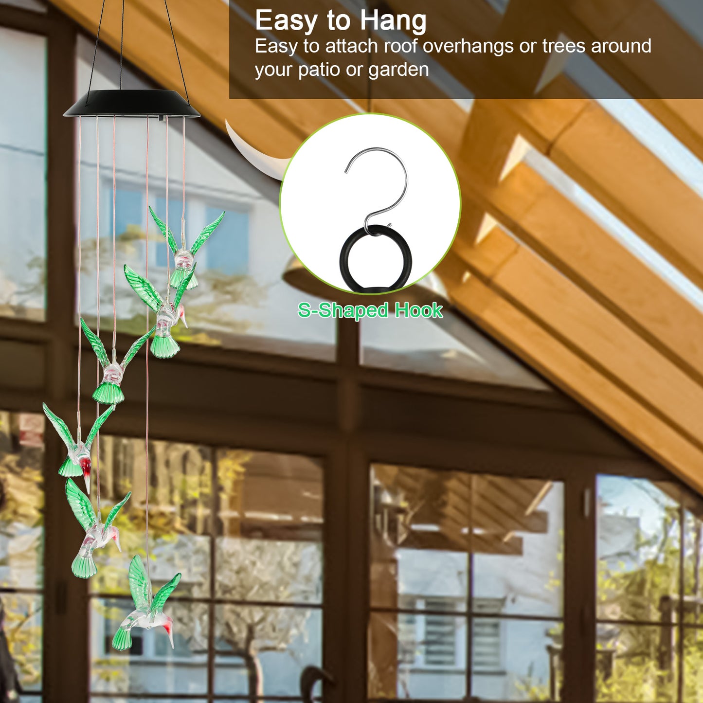 Solar Hummingbird Wind Chime with Color-Changing LED String Lights - Waterproof Garden Decor