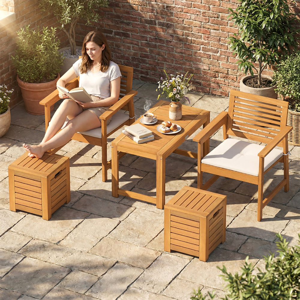 Acacia Wood Outdoor Coffee Table With Stools Set Of 2 3 Pieces Patio