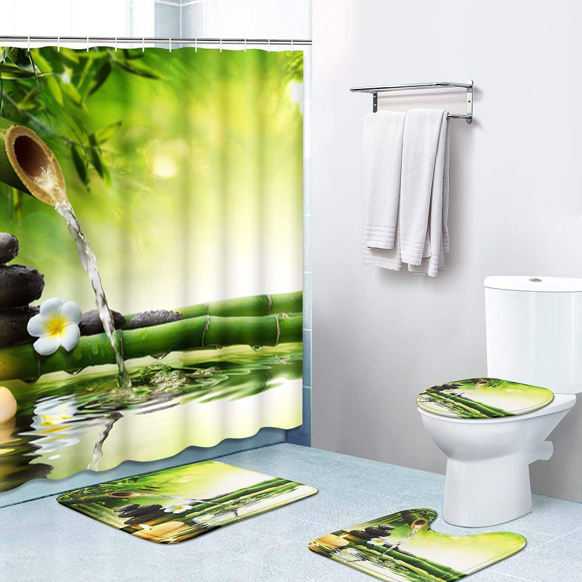 Bathroom Shower Curtain and Floor Mat Set Ocean World Printing - 4 Piece